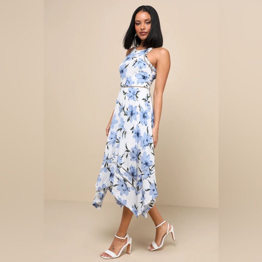 Lulus Zahara Blue and White Floral Print Midi Dress